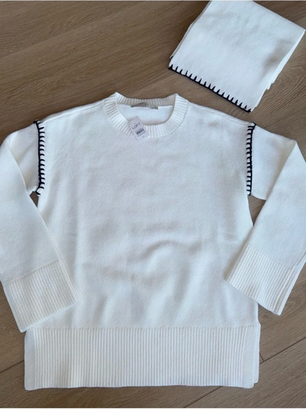 LOFT Cream Open-Front Cardigan with Black Stitch Detail-With matching scarf- NWT
